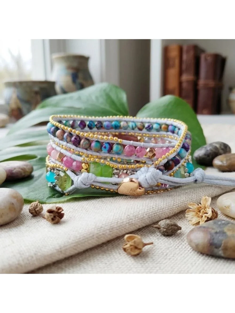 Boho Handmade Natural Stone Crystal Leather Bead Wrap Bracelets for Women